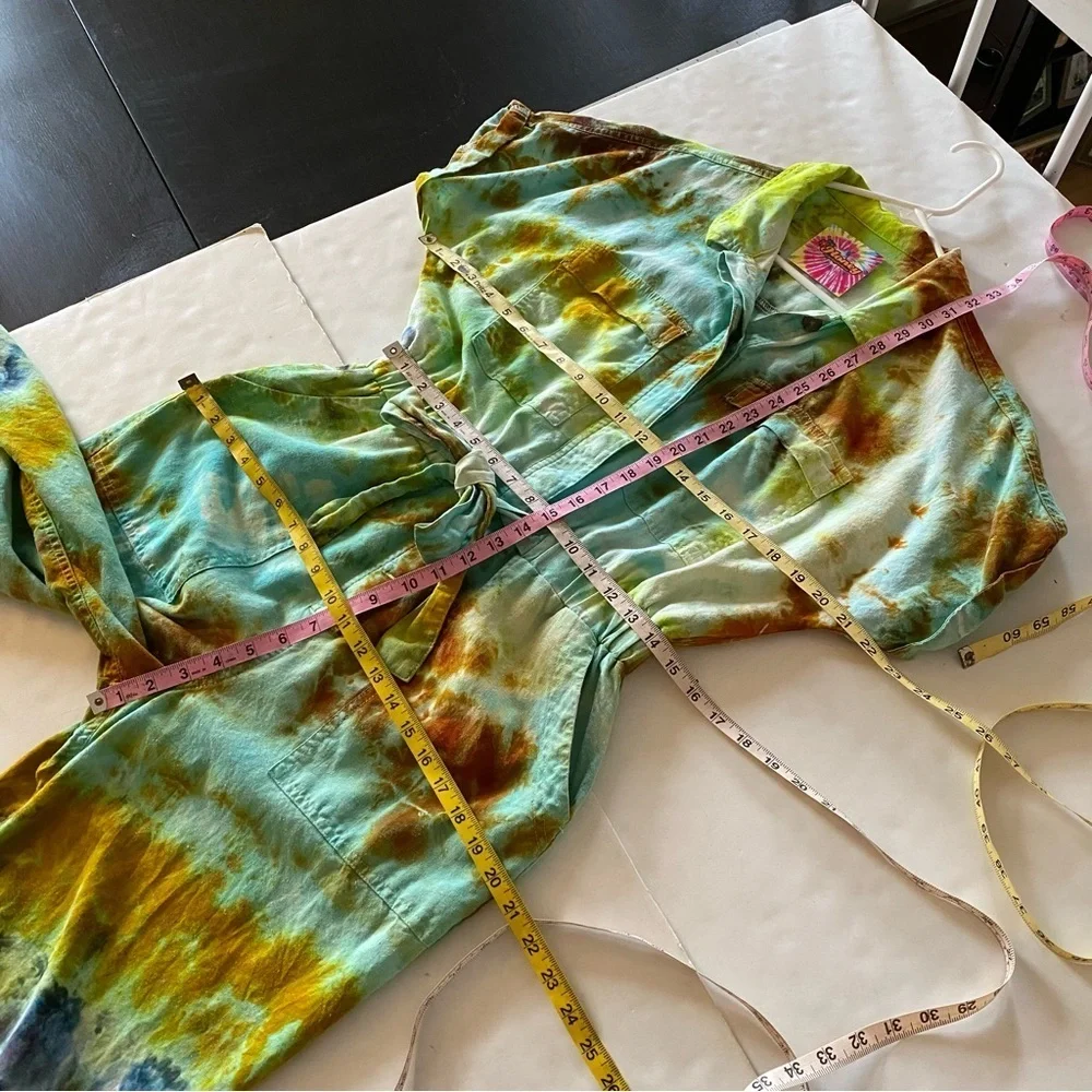 Handmade Tie Dye Jumpsuit Womens Size 8 Linen Jumper Pants Straight Leg Romper - Picture 12 of 14